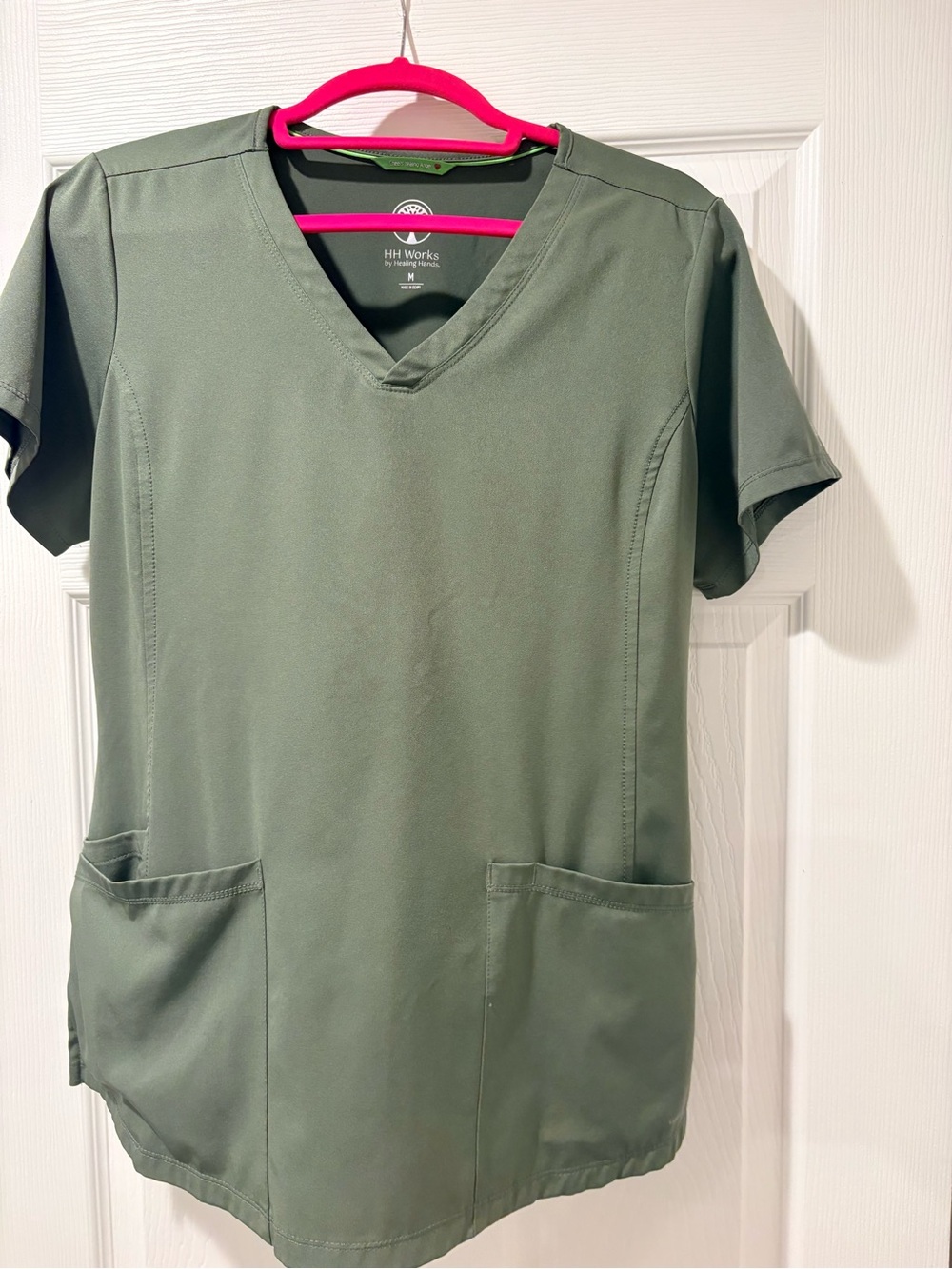 H Works by Healing Hands Monica V-Neck Scrub Top Olive Green M